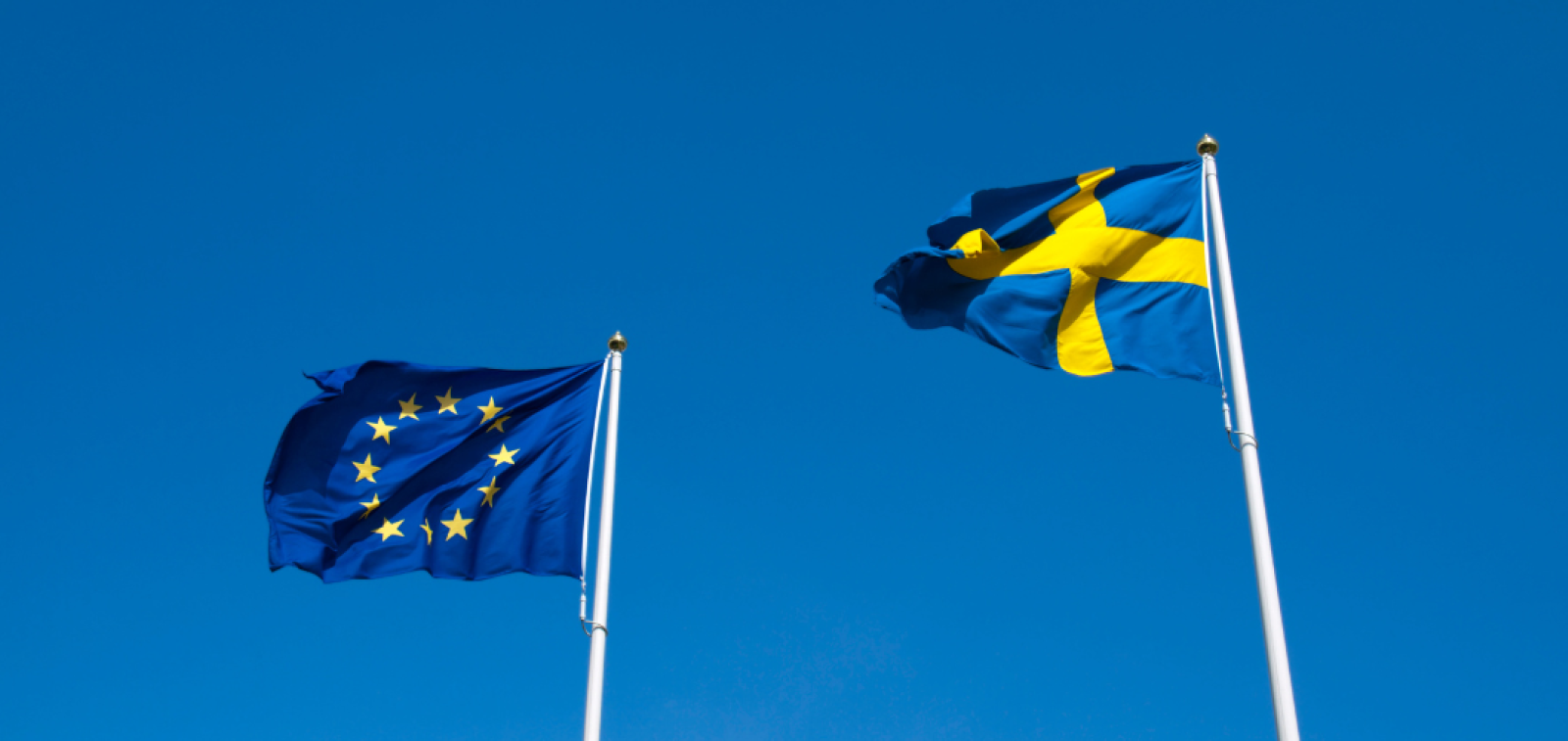 Kuvassa on EU:n ja Ruotsin liput sinistä taivasta vasten